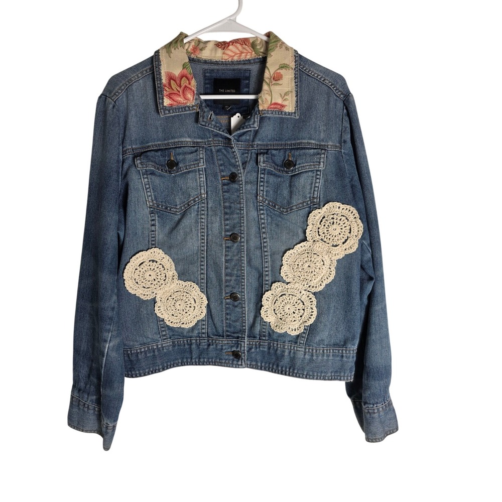 Limited Denim Jacket Floral‎ Accents Crocheted Details Jean Jacket L Upcycled